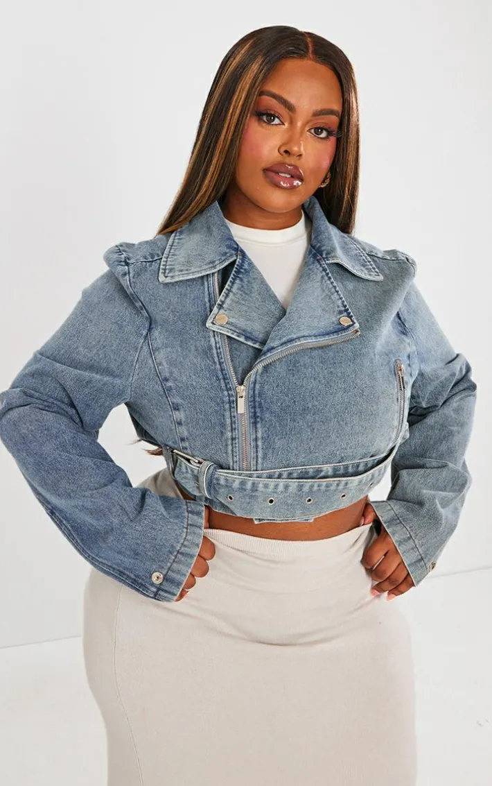 Plus Vintage Mid Wash Cropped Denim Biker Jacket