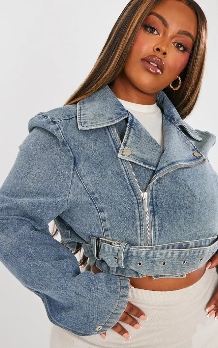 Plus Vintage Mid Wash Cropped Denim Biker Jacket