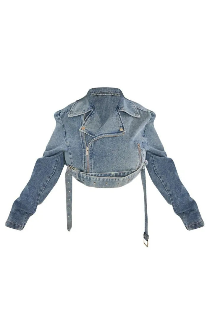 Plus Vintage Mid Wash Cropped Denim Biker Jacket
