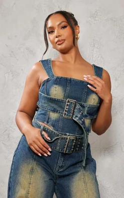Outlet PrettyLittleThing Plus Buckle Denim Corset Top Vintage Wash
