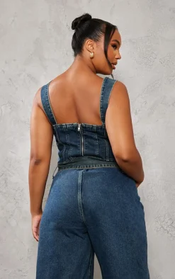 Outlet PrettyLittleThing Plus Buckle Denim Corset Top Vintage Wash