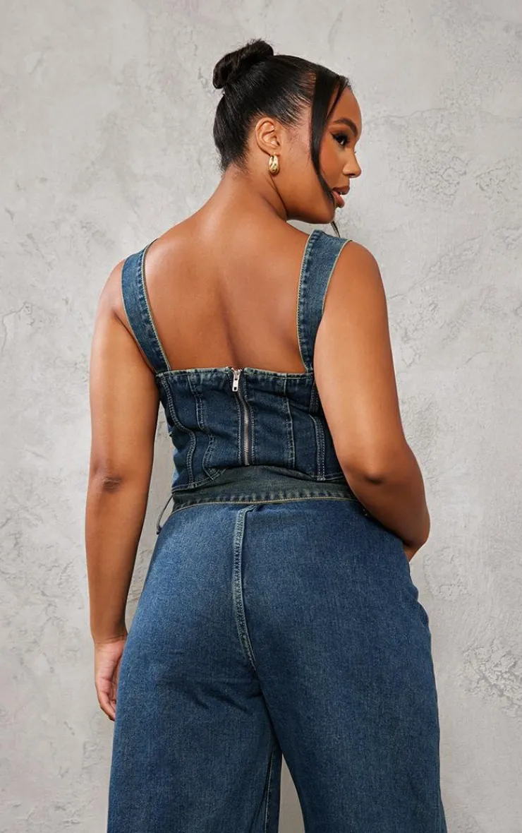 Outlet PrettyLittleThing Plus Buckle Denim Corset Top Vintage Wash