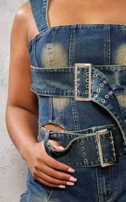 Outlet PrettyLittleThing Plus Buckle Denim Corset Top Vintage Wash