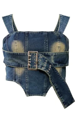 Outlet PrettyLittleThing Plus Buckle Denim Corset Top Vintage Wash
