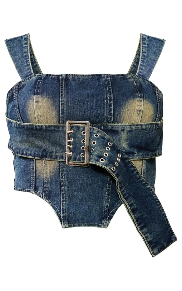 Outlet PrettyLittleThing Plus Buckle Denim Corset Top Vintage Wash