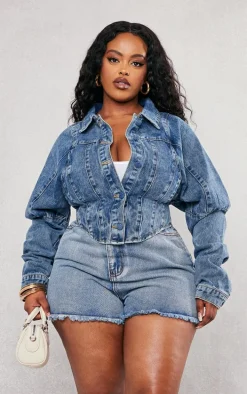 Plus Vintage Wash Corset Denim Jacket
