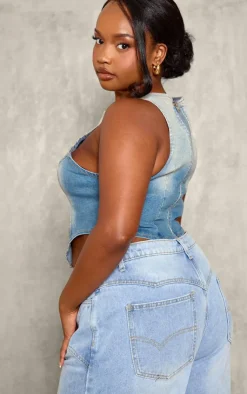PrettyLittleThing Sleeveless Tops*Plus Dipped Front Denim Crop Top