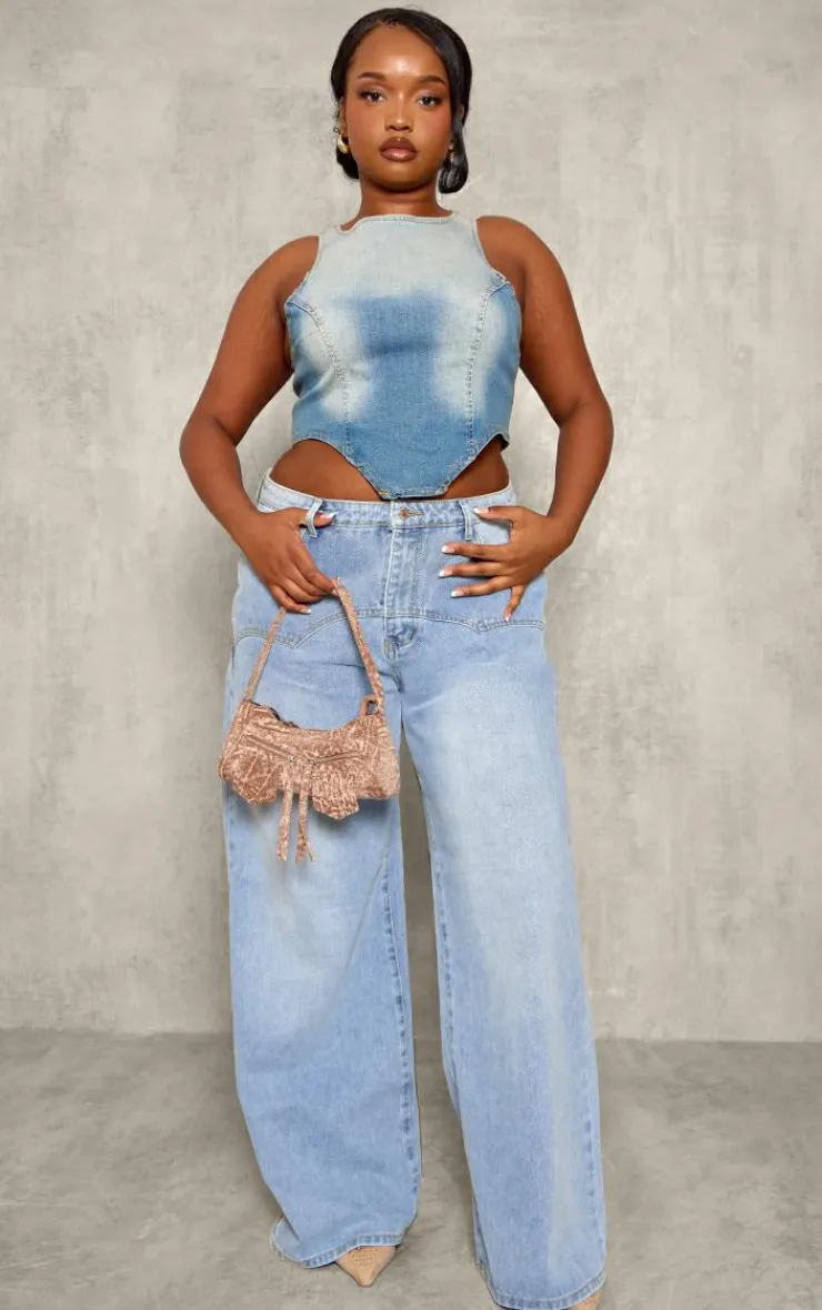 PrettyLittleThing Sleeveless Tops*Plus Dipped Front Denim Crop Top