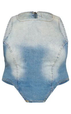 PrettyLittleThing Sleeveless Tops*Plus Dipped Front Denim Crop Top
