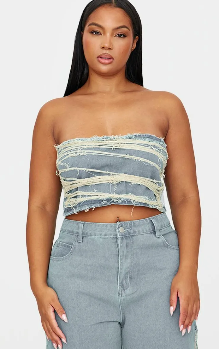 Plus Extreme Fraying Detail Cropped Denim Corset Top-PrettyLittleThing Online