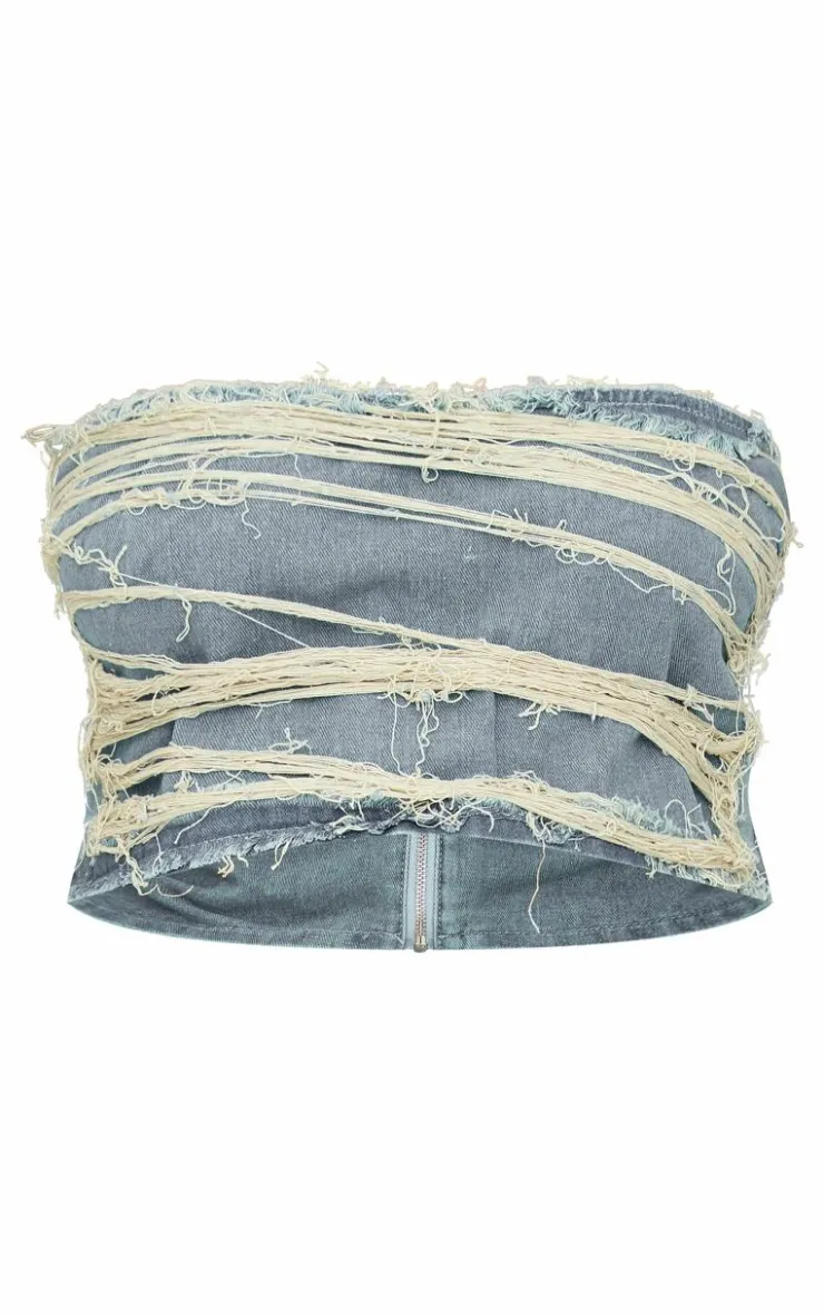 Plus Extreme Fraying Detail Cropped Denim Corset Top-PrettyLittleThing Online