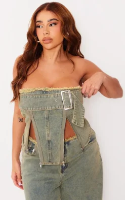 Hot PrettyLittleThing Plus Oversized Buckle Denim Corset Vintage Wash