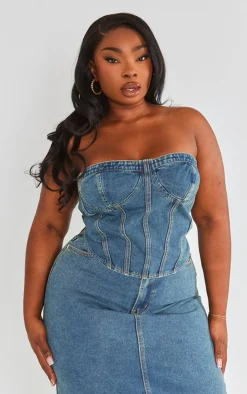 Best PrettyLittleThing Plus Seam Detail Denim Corset Vintage Wash