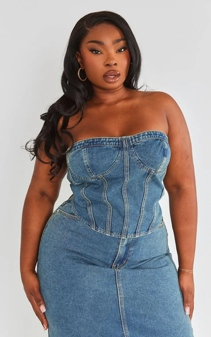 Best PrettyLittleThing Plus Seam Detail Denim Corset Vintage Wash