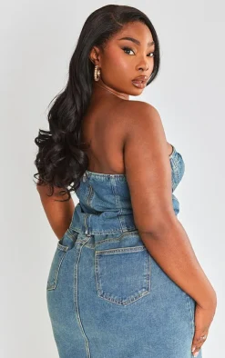 Best PrettyLittleThing Plus Seam Detail Denim Corset Vintage Wash