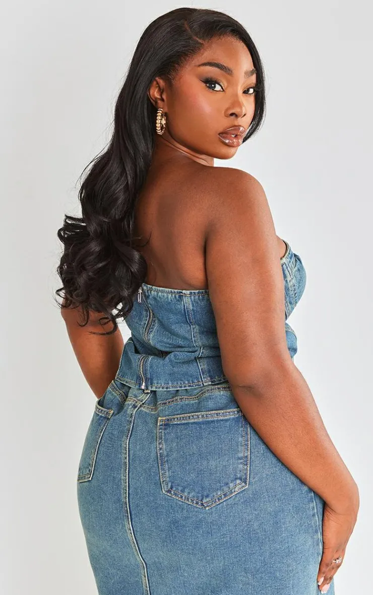Best PrettyLittleThing Plus Seam Detail Denim Corset Vintage Wash