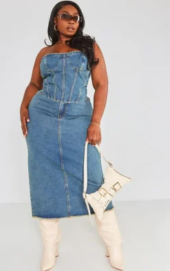 Best PrettyLittleThing Plus Seam Detail Denim Corset Vintage Wash