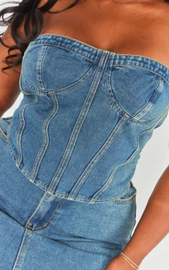 Best PrettyLittleThing Plus Seam Detail Denim Corset Vintage Wash