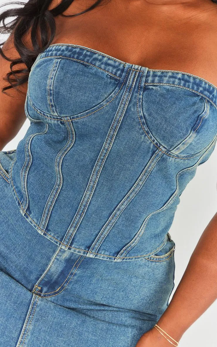 Best PrettyLittleThing Plus Seam Detail Denim Corset Vintage Wash
