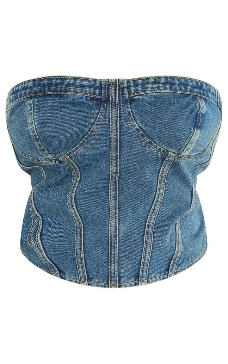 Best PrettyLittleThing Plus Seam Detail Denim Corset Vintage Wash
