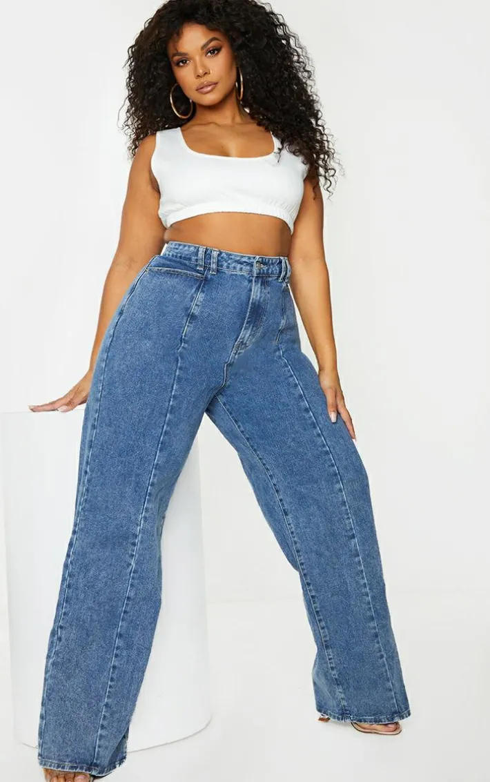 Plus Vintage Wash Seam Front Wide Leg Jeans