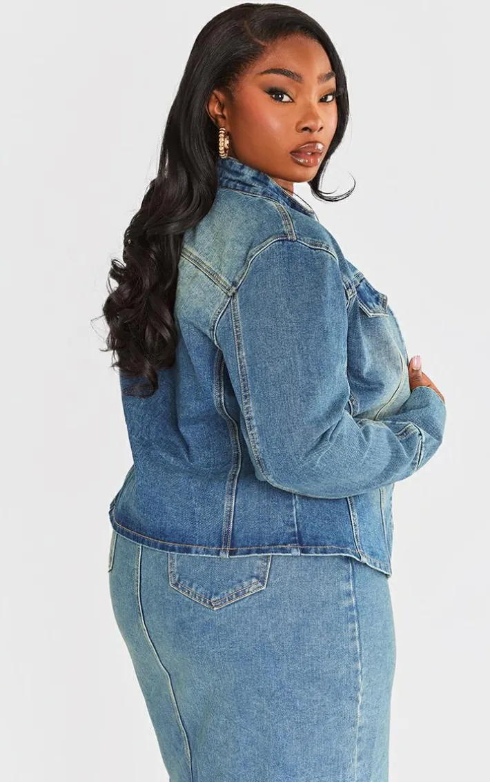 Plus Vintage Wash Zip Up Fitted Denim Jacket