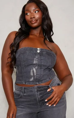 Plus Washed Black Bandeau Button Detail Denim Crop Top