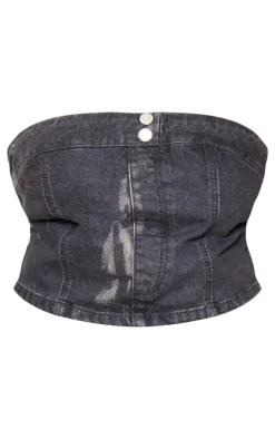 Plus Washed Black Bandeau Button Detail Denim Crop Top