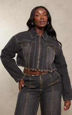 Outlet PrettyLittleThing Plus Frayed Hem Detail Crop Denim Jacket Washed Black