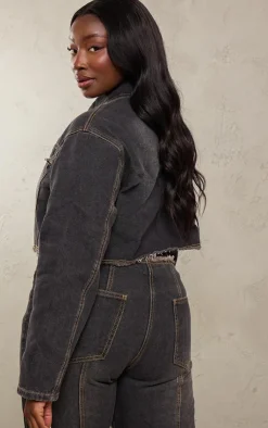 Outlet PrettyLittleThing Plus Frayed Hem Detail Crop Denim Jacket Washed Black