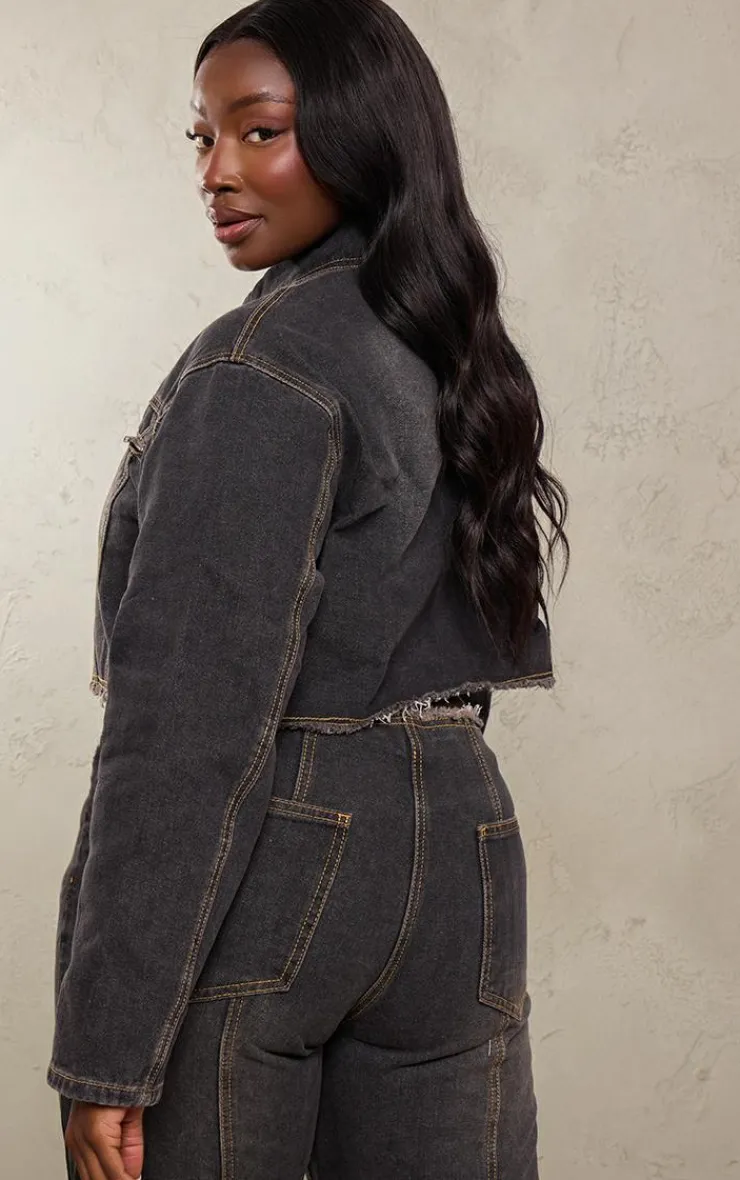 Outlet PrettyLittleThing Plus Frayed Hem Detail Crop Denim Jacket Washed Black