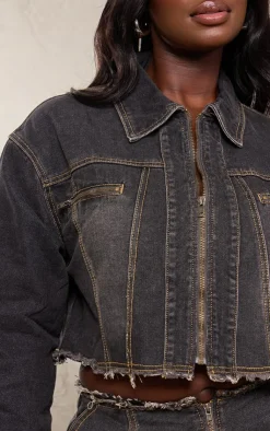 Outlet PrettyLittleThing Plus Frayed Hem Detail Crop Denim Jacket Washed Black