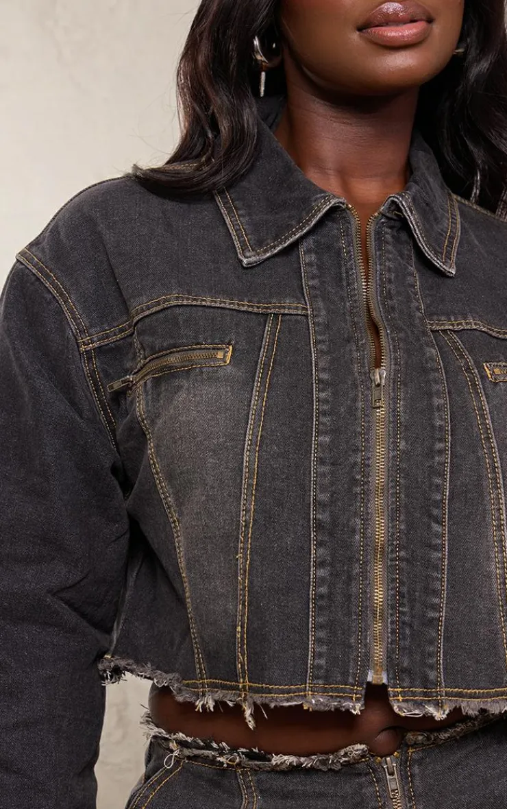 Outlet PrettyLittleThing Plus Frayed Hem Detail Crop Denim Jacket Washed Black