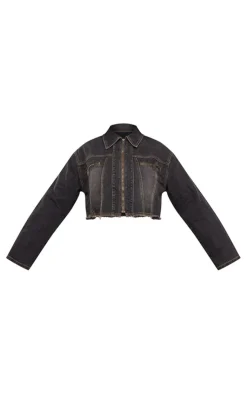 Outlet PrettyLittleThing Plus Frayed Hem Detail Crop Denim Jacket Washed Black