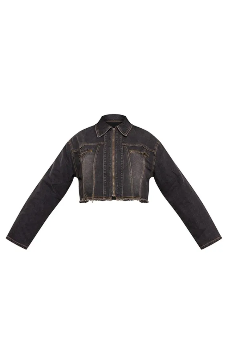 Outlet PrettyLittleThing Plus Frayed Hem Detail Crop Denim Jacket Washed Black