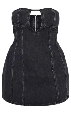 Plus Plunge Detail Strapless Denim Mini Dress-PrettyLittleThing