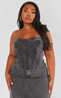 Discount PrettyLittleThing Plus Seam Detail Denim Corset Washed Black