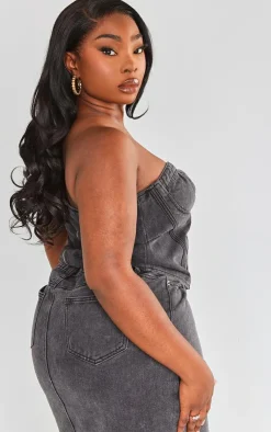 Discount PrettyLittleThing Plus Seam Detail Denim Corset Washed Black