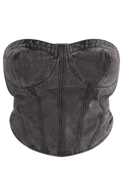 Discount PrettyLittleThing Plus Seam Detail Denim Corset Washed Black