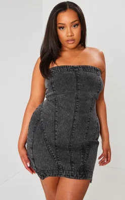 Plus Seam Detail Asymmetric Denim Mini Dress-PrettyLittleThing New