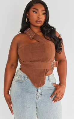 PrettyLittleThing Corsets*Plus Overdyed Buckle Denim Corset Top