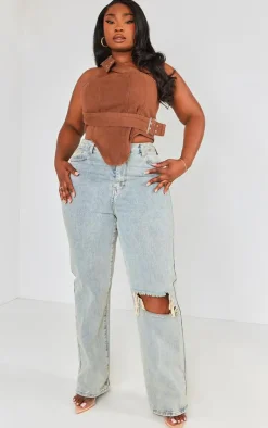 PrettyLittleThing Corsets*Plus Overdyed Buckle Denim Corset Top