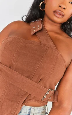 PrettyLittleThing Corsets*Plus Overdyed Buckle Denim Corset Top