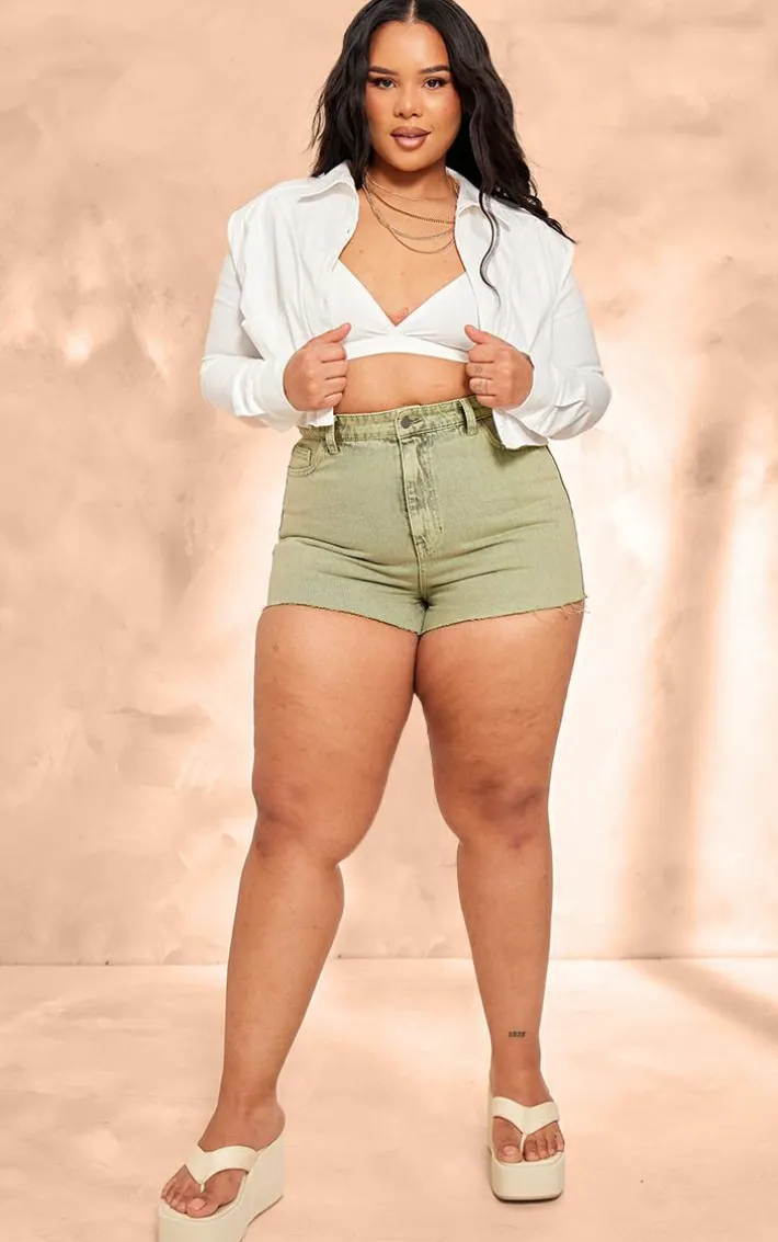 Plus Washed Green Raw Hem Denim Shorts
