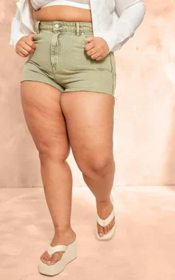 Plus Washed Green Raw Hem Denim Shorts