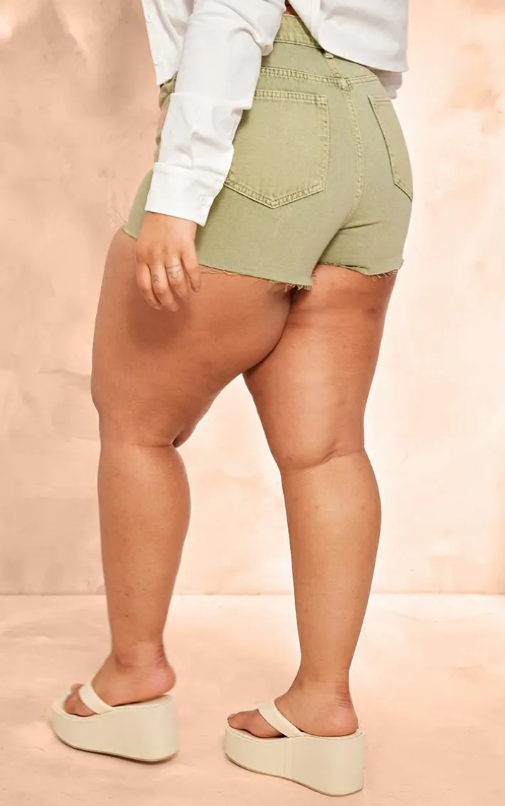 Plus Washed Green Raw Hem Denim Shorts