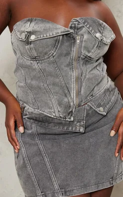 PrettyLittleThing Plus Biker Cup Detail Denim Top Washed Grey