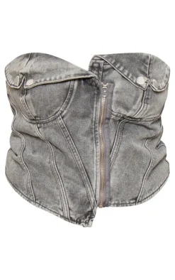 PrettyLittleThing Plus Biker Cup Detail Denim Top Washed Grey