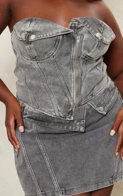 Clearance PrettyLittleThing Plus Biker Waistband Detail Denim Mini Skirt Washed Grey