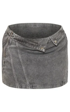 Clearance PrettyLittleThing Plus Biker Waistband Detail Denim Mini Skirt Washed Grey